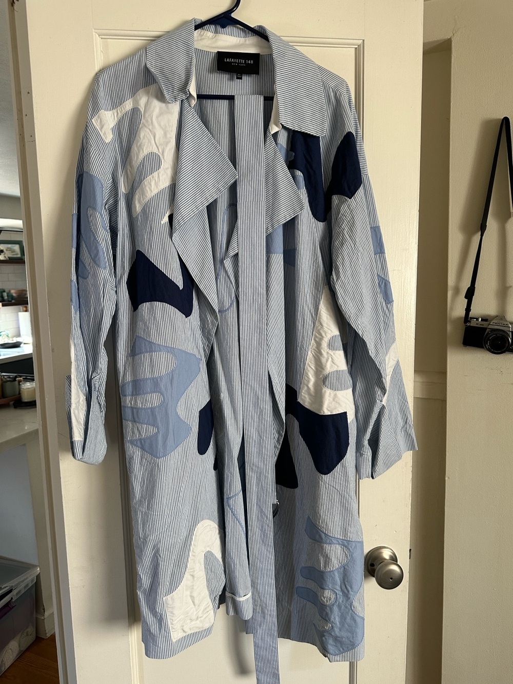 NWOT Lafayette 148 New York Blue and White Abstract-Print Trench Coat